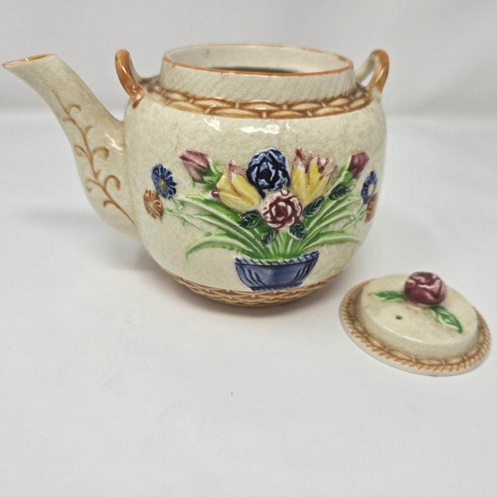 Vintage Japanese Majolica Teapot - Floral Relief Basketweave